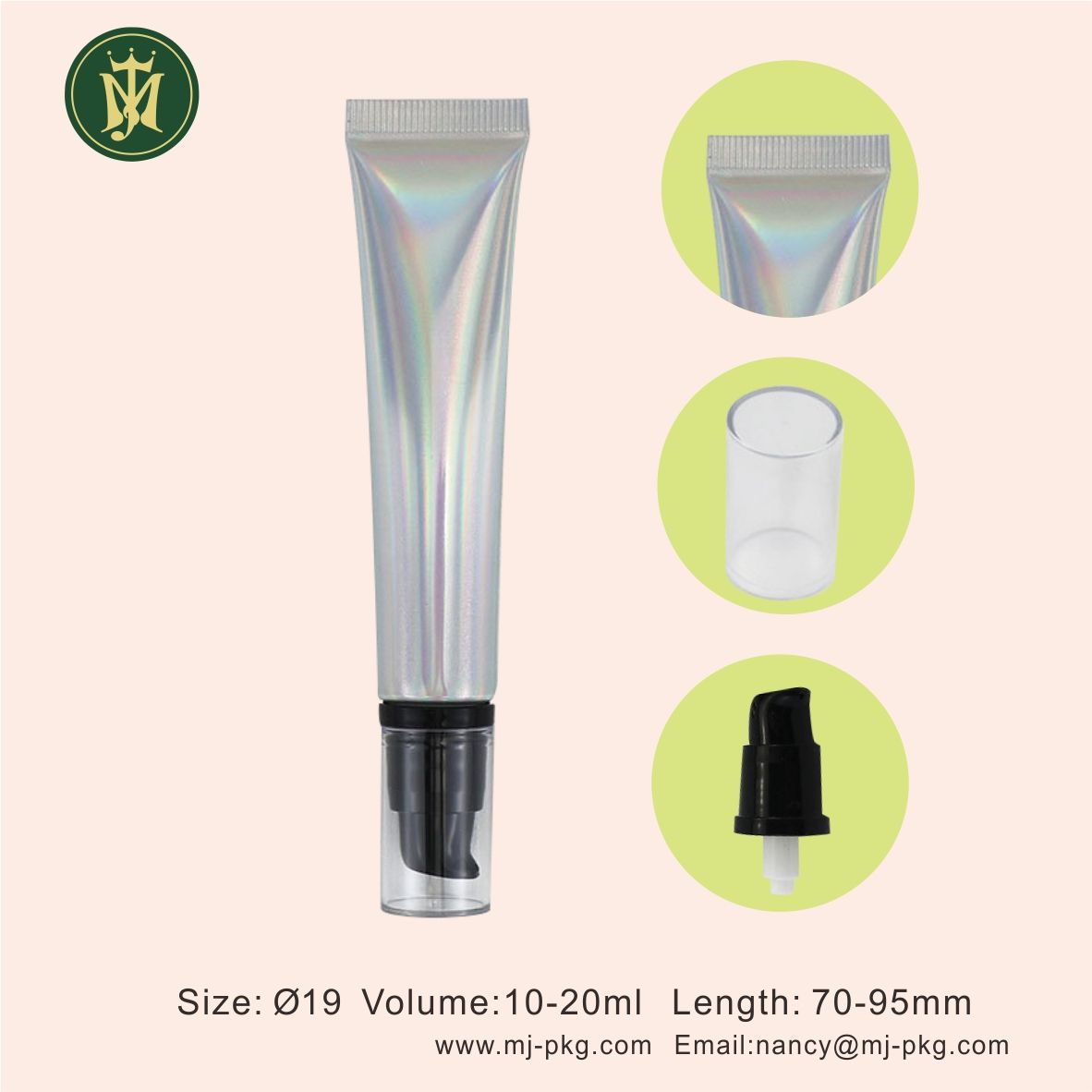 20g 20ml Empty Cosmetic Soft Aluminum Plastic Tube with Airless Pump Cap Silver Laser Squeeze for Sunscreen Face Cream Packaging